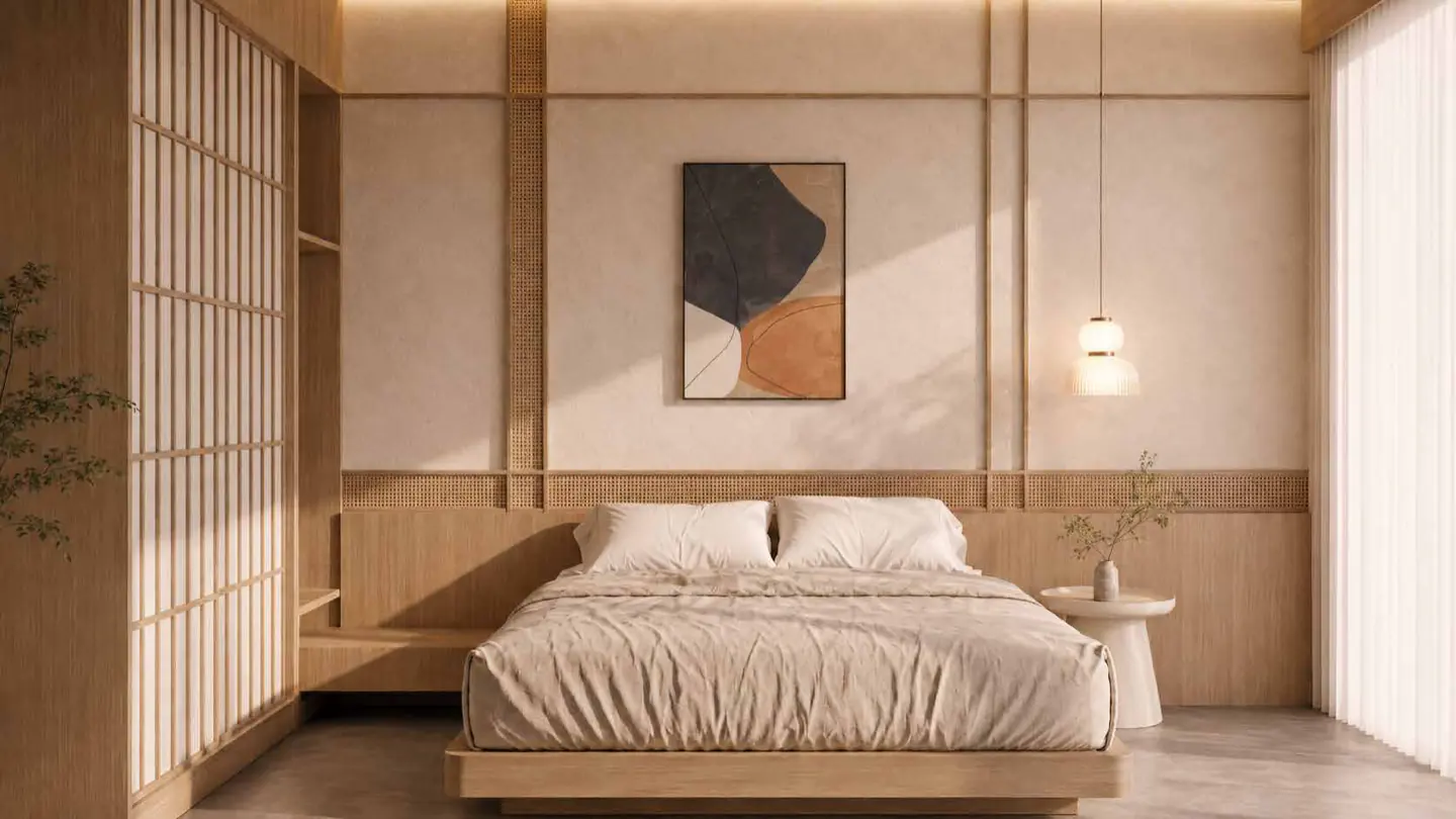 A bedroom with a low platform bed, shoji screens and warm timber panelling.