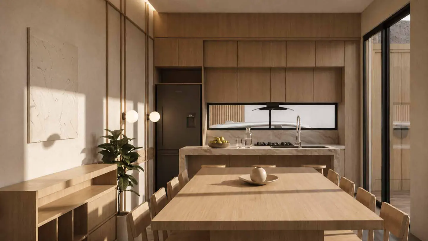 A warm timber kitchen and dining room with morning light across the table.