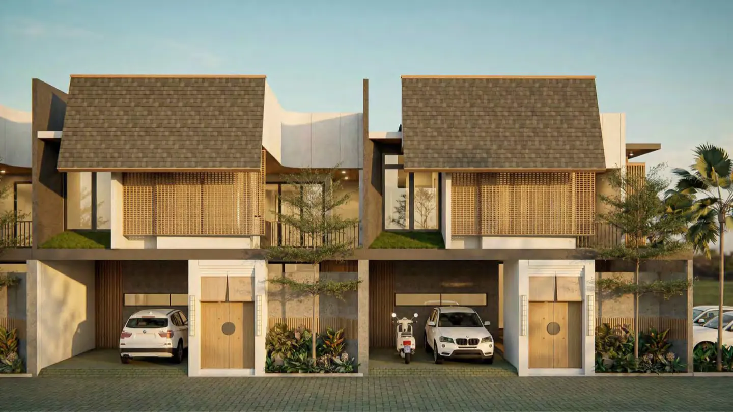 The front elevation of two adjoining villas with shingled roofs and timber screen facades.